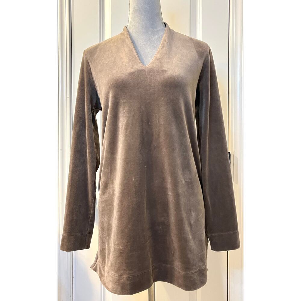 PureJill Women Velour Sweater Long Sleeve V-Neck Side Slit Pullover Brown M Tall